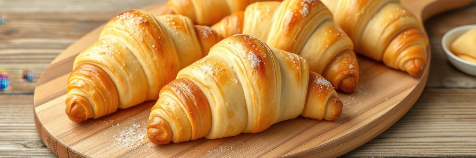 Freshly baked golden croissants on a wooden serving board, perfect for breakfast or brunch gatherings with family and friends